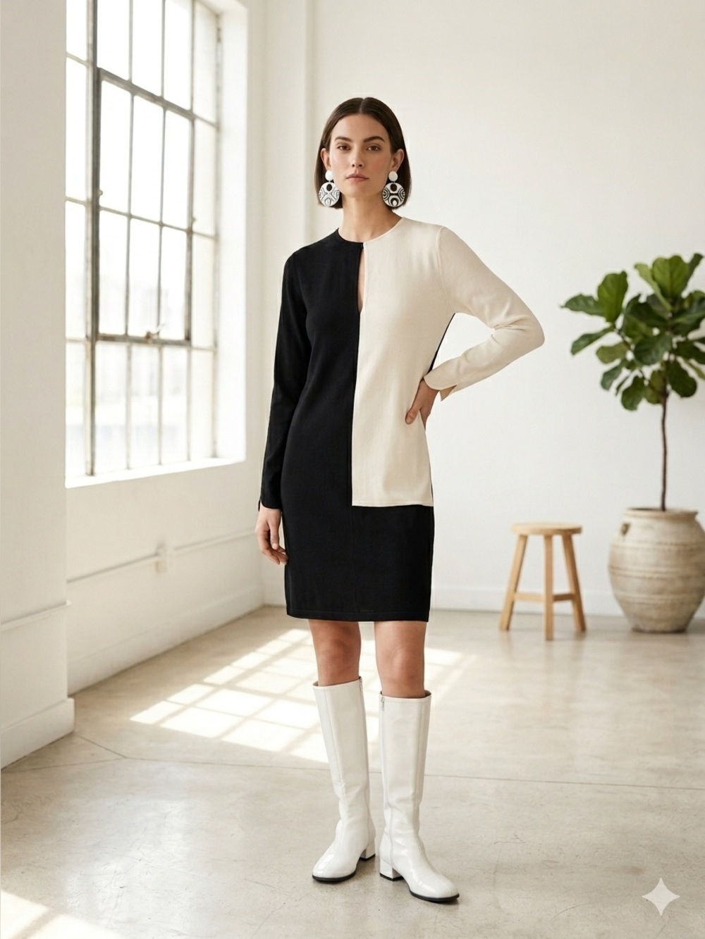 Equipment "Tatienne" Black & White Colorblock Long Sleeve Shift Dress - Medium